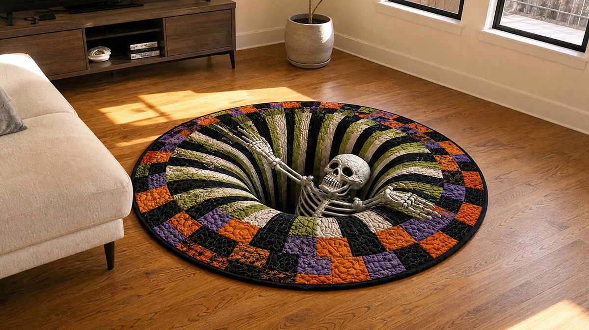 Shirem 3D Vortex Halloween Rug in a Halloween display